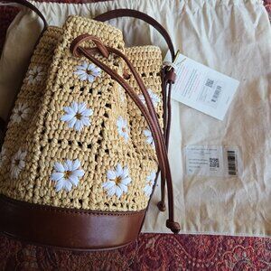Sezane Mini Farrow Raphia Bag--Embroidered Flowers